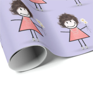 Stick Figure Girl in Sneakers on Purple Wrapping Paper