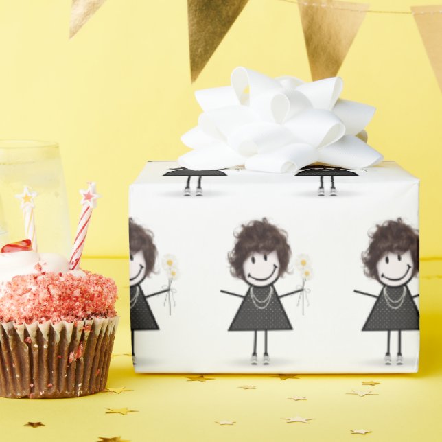 Stick Figure Girl in Sneakers on White  Wrapping Paper (Birthday Party)