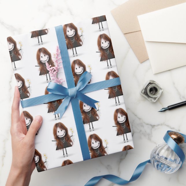 Stick Figure Girl in Sneakers on White Wrapping Paper (Gifting)