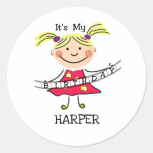 Stick Figure Girl It's My Birthday  Classic Round Sticker