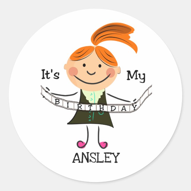 Stick Figure Girl It's My Birthday Classic Round Sticker (Front)