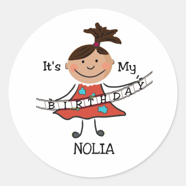 Stick Figure Girl It's My Birthday  Classic Round Sticker (Front)