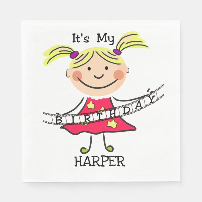 Stick Figure Girl It's My Birthday Paper Plates Napkin (Front)