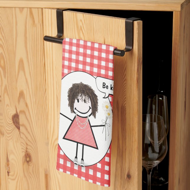 Stick Figure Girl On Red Gingham Tea Towel (Thirds Fold)