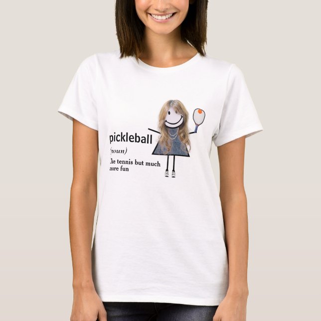 Stick Figure Girl Pickleball and Paddle T-Shirt (Front)
