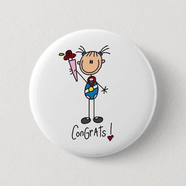 Stick Figure Girl Winning Medal Button (Front)