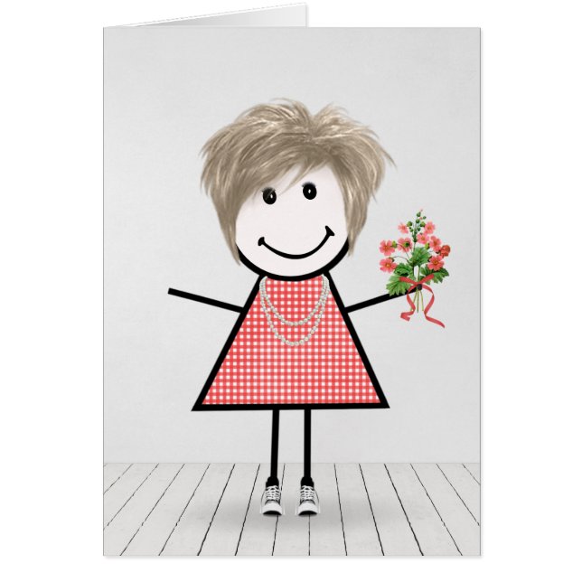 Stick Figure Girl with Birthday Bouquet (Front)