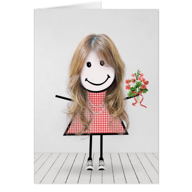 Stick Figure Girl with Birthday Bouquet (Front)