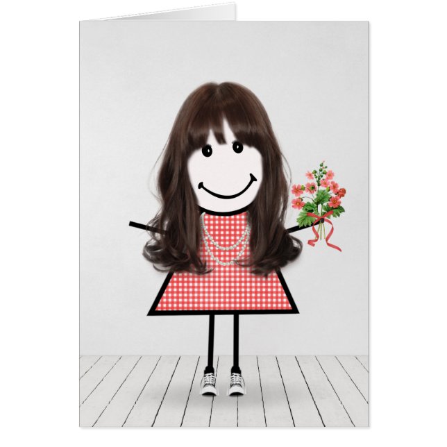 Stick Figure Girl with Birthday Bouquet (Front)