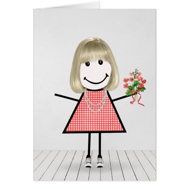 Stick Figure Girl with Birthday Bouquet (Front)