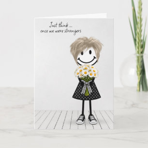 Stick Figure Girl with Birthday Daisy Bouquet Card