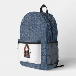 Stick Figure Girl With Daisies and Blue Denim Printed Backpack