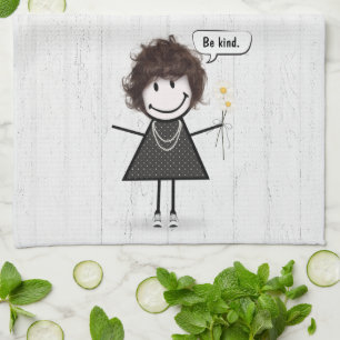 Stick Figure Girl with Daisies and Quote Tea Towel