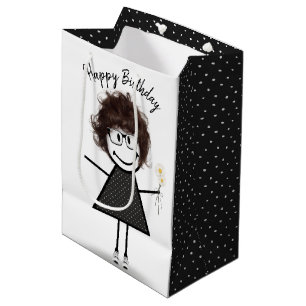Stick Figure Girl with Daisies Medium Gift Bag