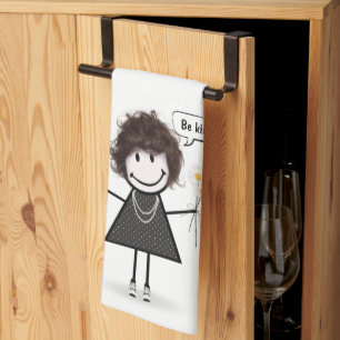 Stick Figure Girl with Daisies  Tea Towel