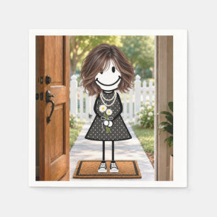 Stick Figure Girl with Daisy Bouquet Napkin