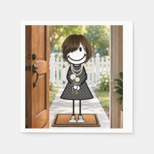 Stick Figure Girl with Daisy Bouquet Napkin