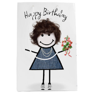 Stick Figure Girl with Flower Bouquet Medium Gift Bag
