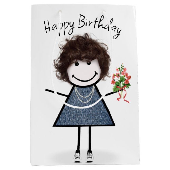 Stick Figure Girl with Flower Bouquet Medium Gift Bag (Front)