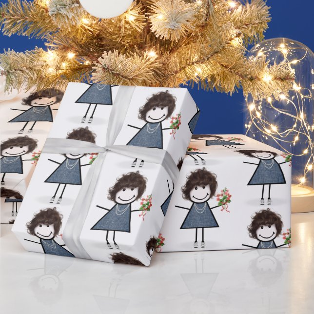 Stick Figure Girl with Flower Bouquet Wrapping Paper (Holidays)