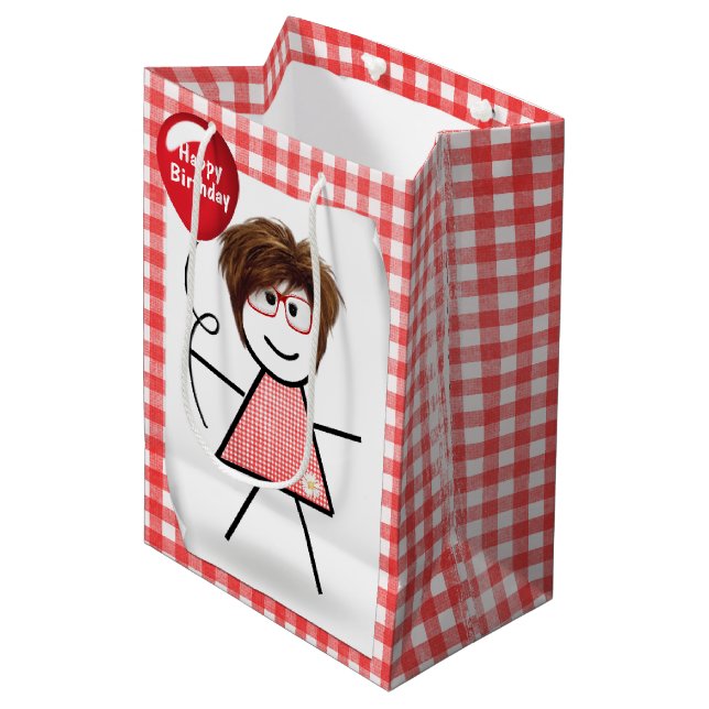 Stick Figure Girl with Red Birthday Balloon  Medium Gift Bag (Front Angled)