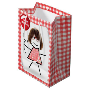 Stick Figure Girl with Red Birthday Balloon Medium Gift Bag
