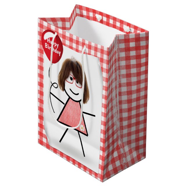 Stick Figure Girl with Red Birthday Balloon  Medium Gift Bag (Front Angled)