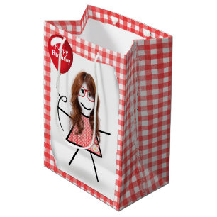 Stick Figure Girl with Red Birthday Balloon Medium Gift Bag
