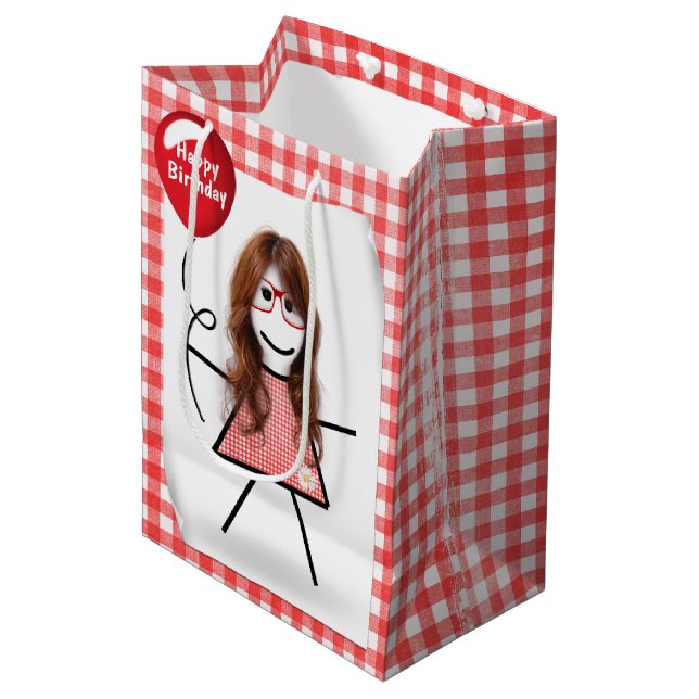Stick Figure Girl with Red Birthday Balloon  Medium Gift Bag (Front Angled)