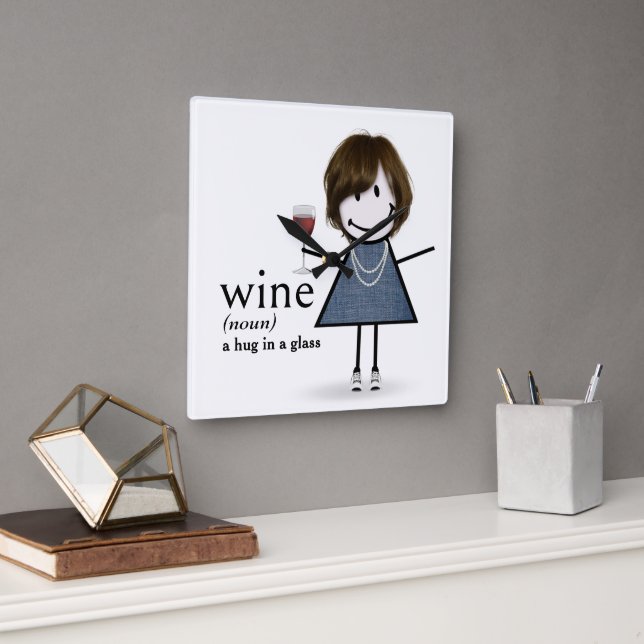 Stick Figure Girl With Red Wine Square Wall Clock (Office)