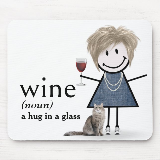 Stick Figure Girl With Wine And Cat Mouse Mat (Front)