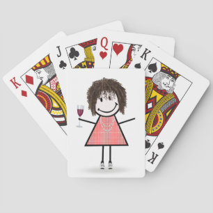 Stick Figure Girl with Wine Glass Playing Cards