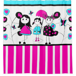 Stick Figure Girls April Showers Hearts Stripes Shower Curtain
