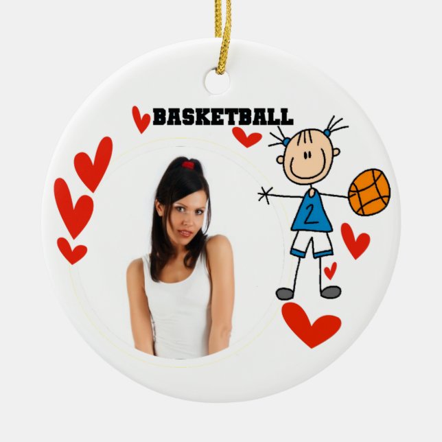 Stick Figure Girls Basketball Photo Ornament (Front)