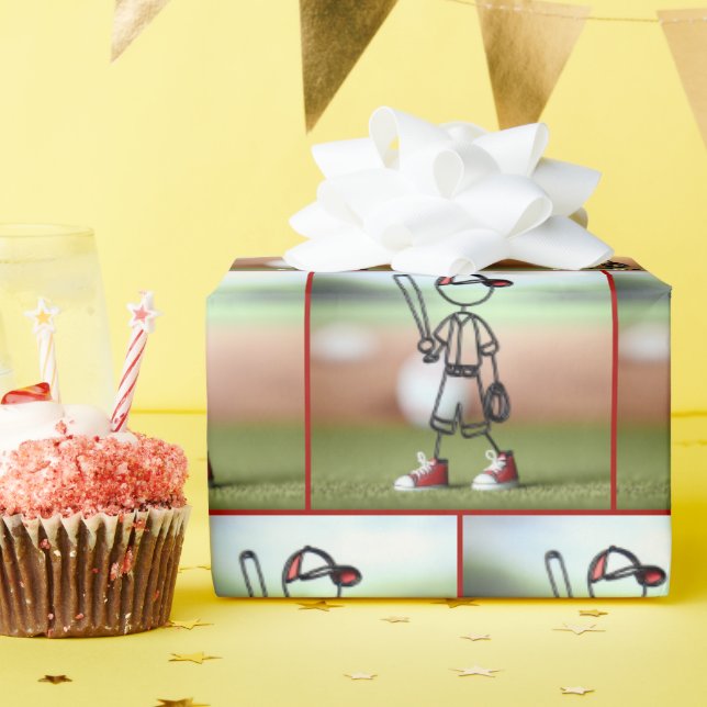 Stick Figure Kid Baseball Player Wrapping Paper (Birthday Party)