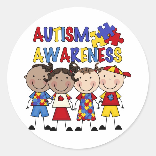 Stick Figure Kids Autism Awareness Classic Round Sticker (Front)