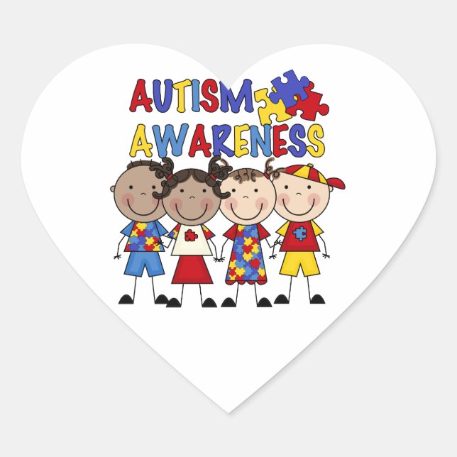 Stick Figure Kids Autism Awareness Heart Sticker (Front)