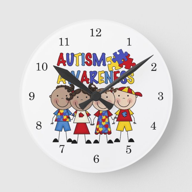 Stick Figure Kids Autism Awareness Round Clock (Front)