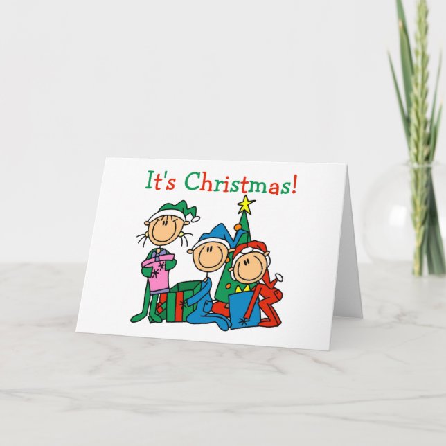 Stick Figure Kids It's Christmas Tshirts and Gifts Holiday Card (Front)
