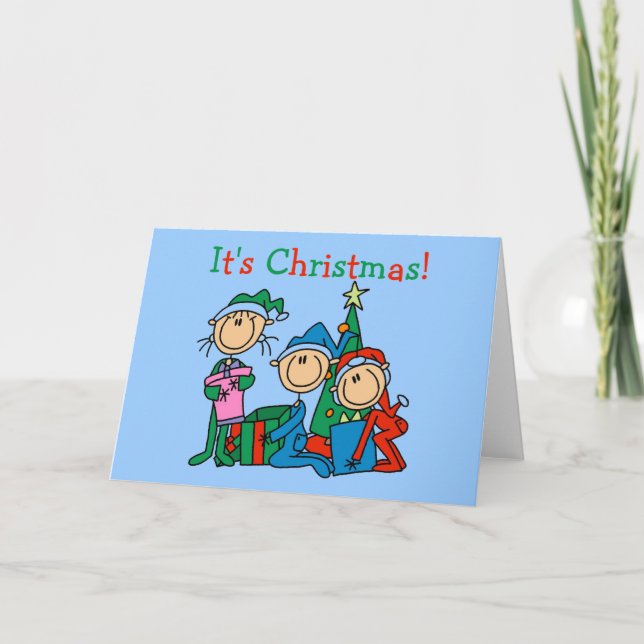 Stick Figure Kids It's Christmas Tshirts and Gifts Holiday Card (Front)
