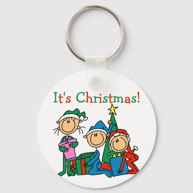 Stick Figure Kids It's Christmas Tshirts and Gifts Key Ring (Front)