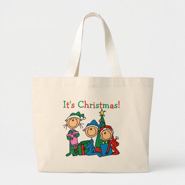 Stick Figure Kids It's Christmas Tshirts and Gifts Large Tote Bag (Front)