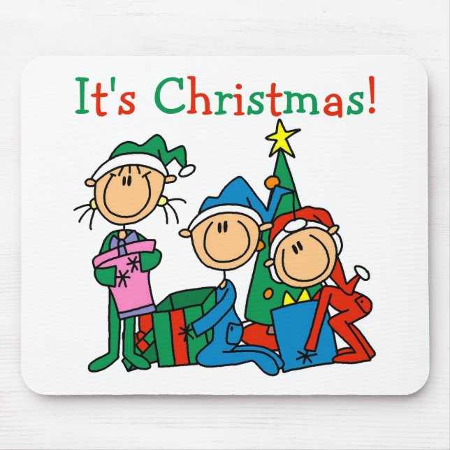 Stick Figure Kids It's Christmas Tshirts and Gifts Mouse Mat (Front)