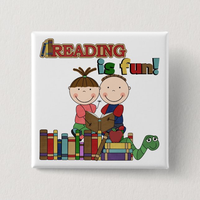 Stick Figure Kids Reading is Fun 15 Cm Square Badge (Front)