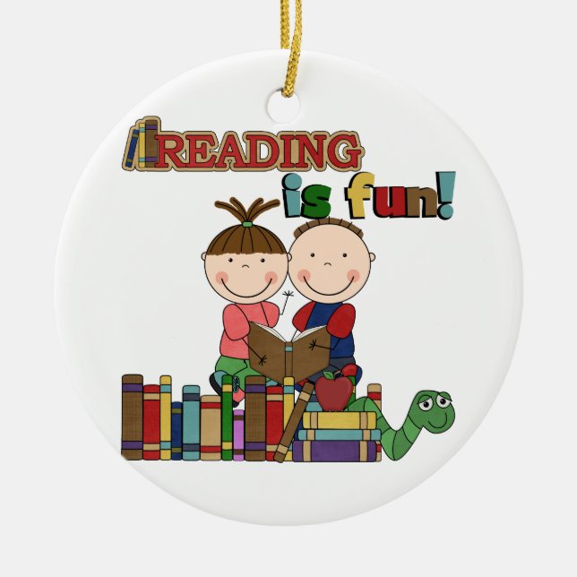 Stick Figure Kids Reading is Fun Ceramic Tree Decoration (Front)