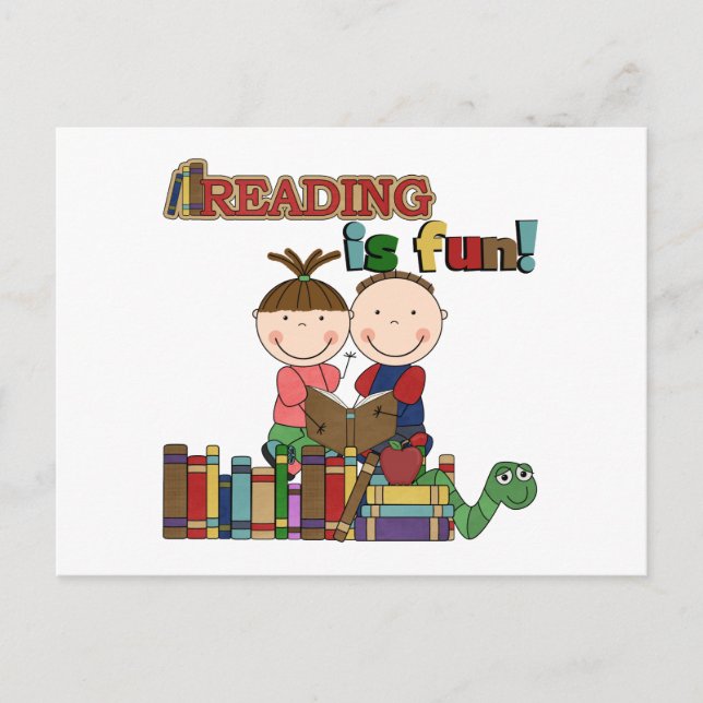 Stick Figure Kids Reading is Fun Postcard (Front)