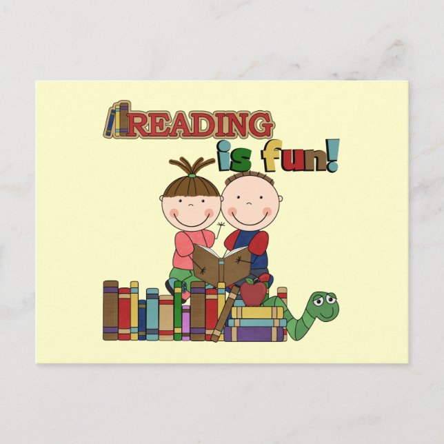 Stick Figure Kids Reading is Fun Postcard (Front)