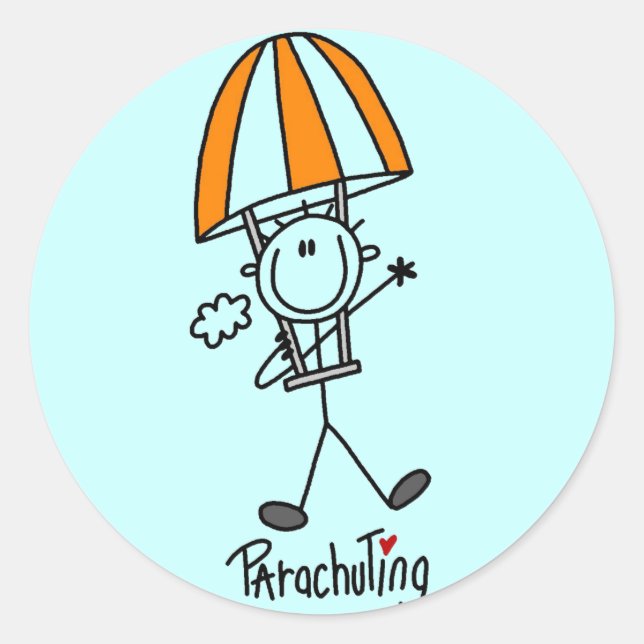Stick Figure Parachuting T-shirts and Gifts Classic Round Sticker (Front)