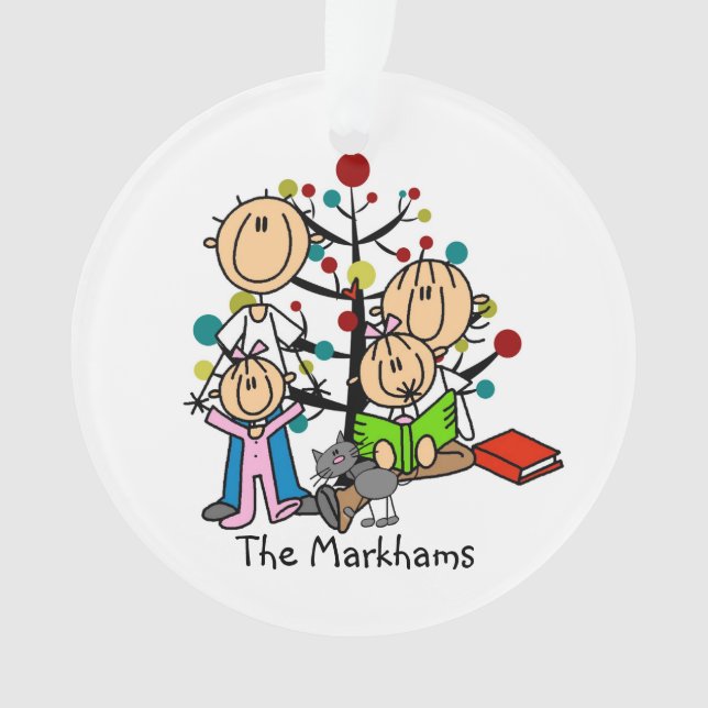 Stick Figure Parents, 2 Girls, Cat Ornament (Front)