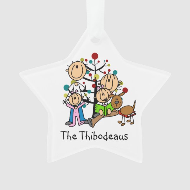 Stick Figure Parents, 2 Girls, Dog Ornament (Front)